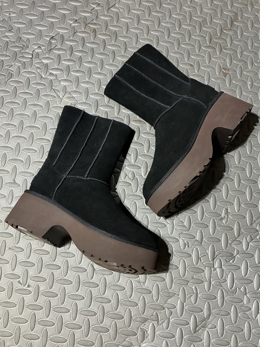 UGG Black Suede Platform Ankle Boots with Brown Lug Sole